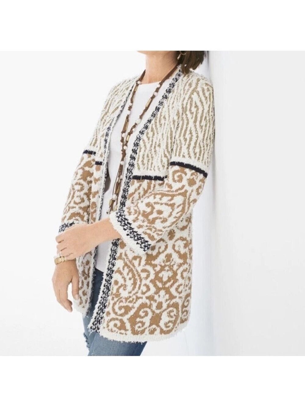 CHICOS Pattern Mix Audrey Open Front Oversized Cardigan Eyelash 3/4 Sleeves XL - Picture 2 of 8